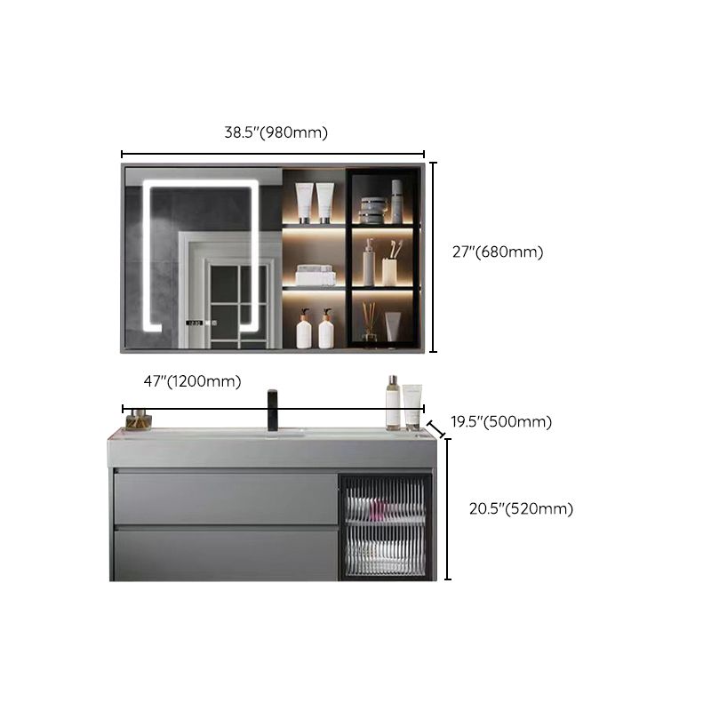 Drawers Bathroom Vanity Metal Single Sink Grey Rectangle Wall Mount Vanity Set with Mirror