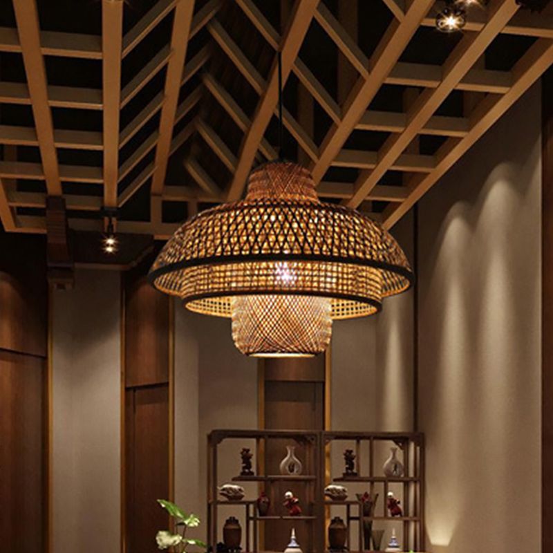 Adhesivo de la lámpara colgante de jaula redonda de 3 niveles Asia Bambú 1 iluminación de suspensión de restaurante ligero en beige