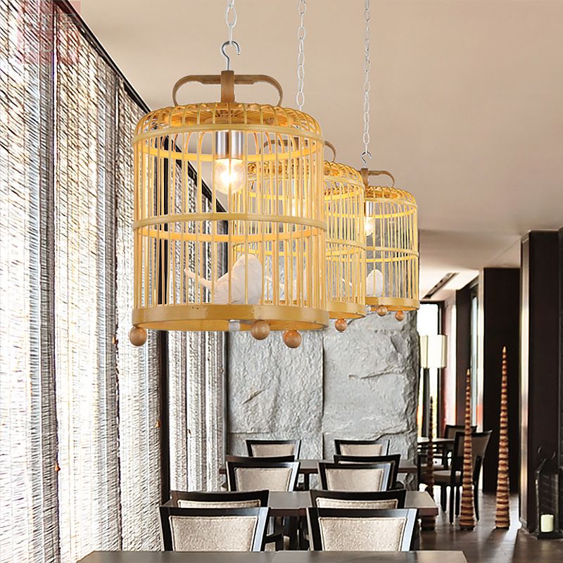 Bamboo Birdcage Shade Pendant Light With Bird Accent Style chinois 1 tête de tête beige lampe, 8 "/ 10" de largeur