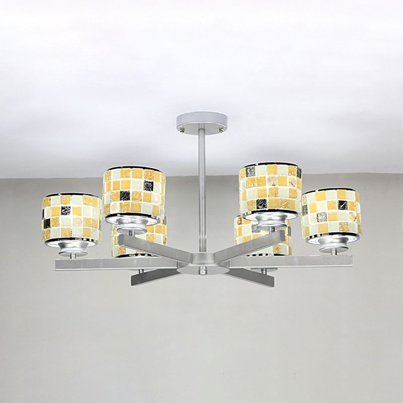 Modern Mosaic Hanging Ceiling Light 6 Lights Blue/Yellow Glass Hanging Chandelier in Chrome Finish