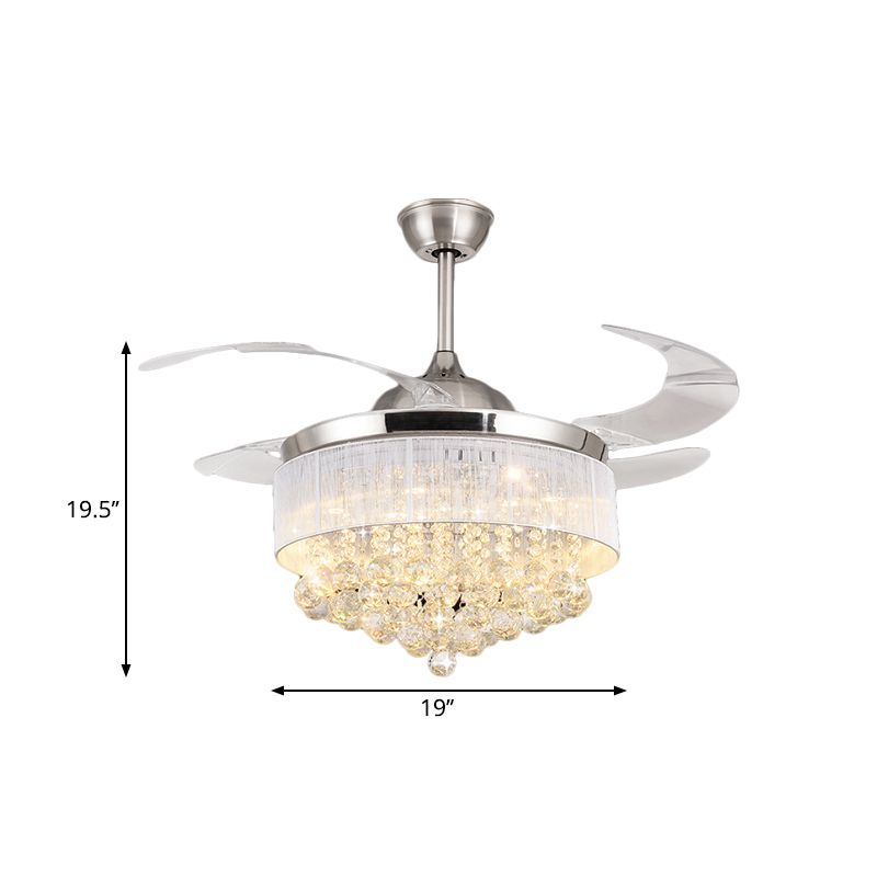 Modern Cascading Semi Flush Light Crystal Ball Living Room LED Pendant Fan Lamp in Chrome with 4-Blade, 19" Wide