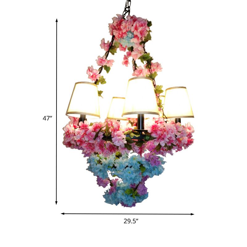 Cone Restaurant Chandelier Lighting Fixture Vintage Metal 6 Lights Pink Cherry Blossom LED Suspension Lamp