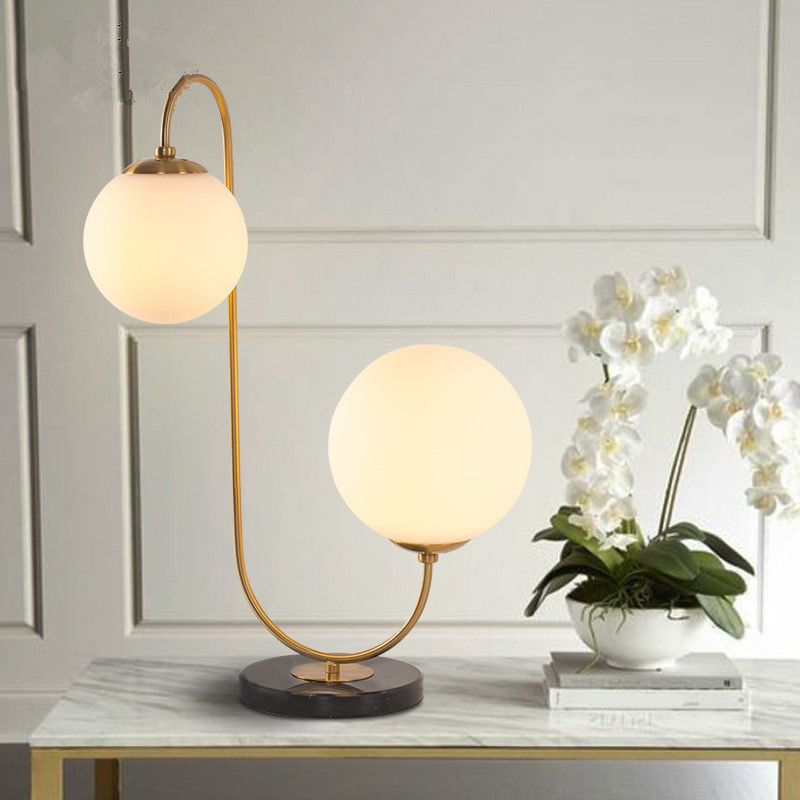 S/C Shaped/Bend Bedside Table Light Metal 1/2-Head Designer Night Lamp in Gold with Ball Cream Glass Shade