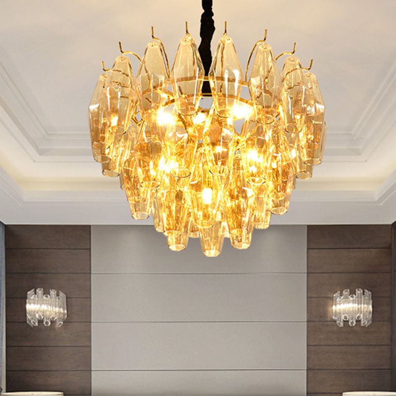 Cone Hanging Ceiling Light Modern Amber Glass 7/9 Heads Living Room Chandelier Lighting Fixture