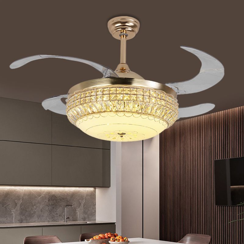 19" W Dome Living Room Hanging Fan Light Acrylic LED Minimalist Semi Flush with Crystal Deco in Gold, 4 Blades