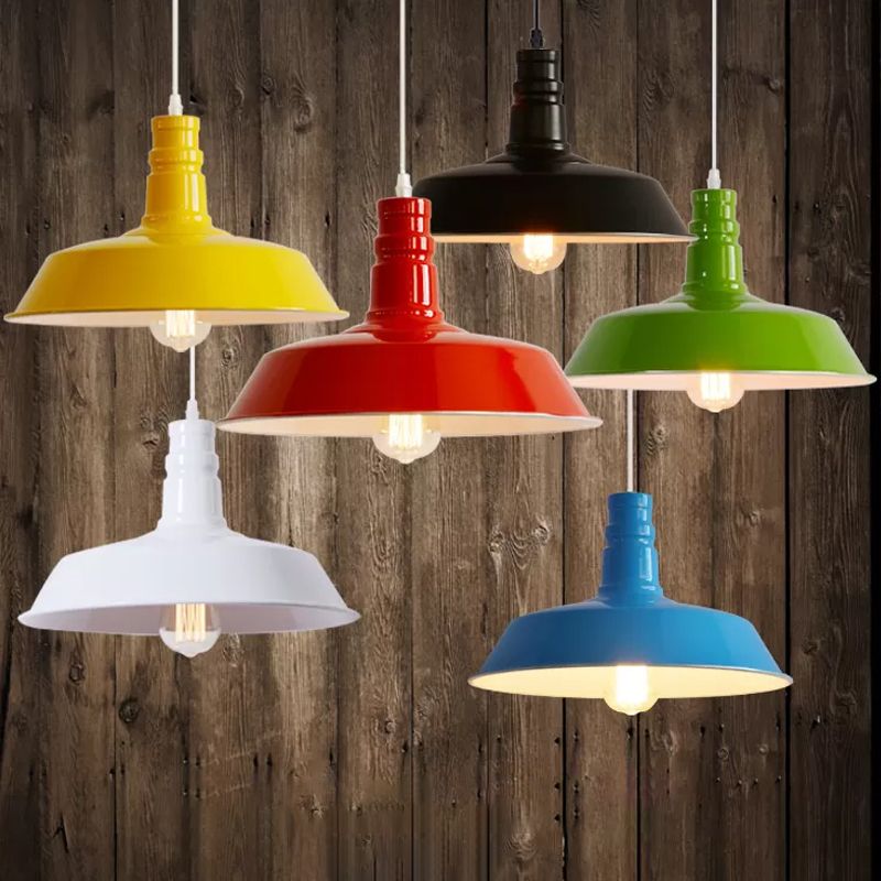 1 Head Rolled-Trim Barn Shade Pendant Lamp Industrial Red/Yellow/White Finish Hanging Light Kit