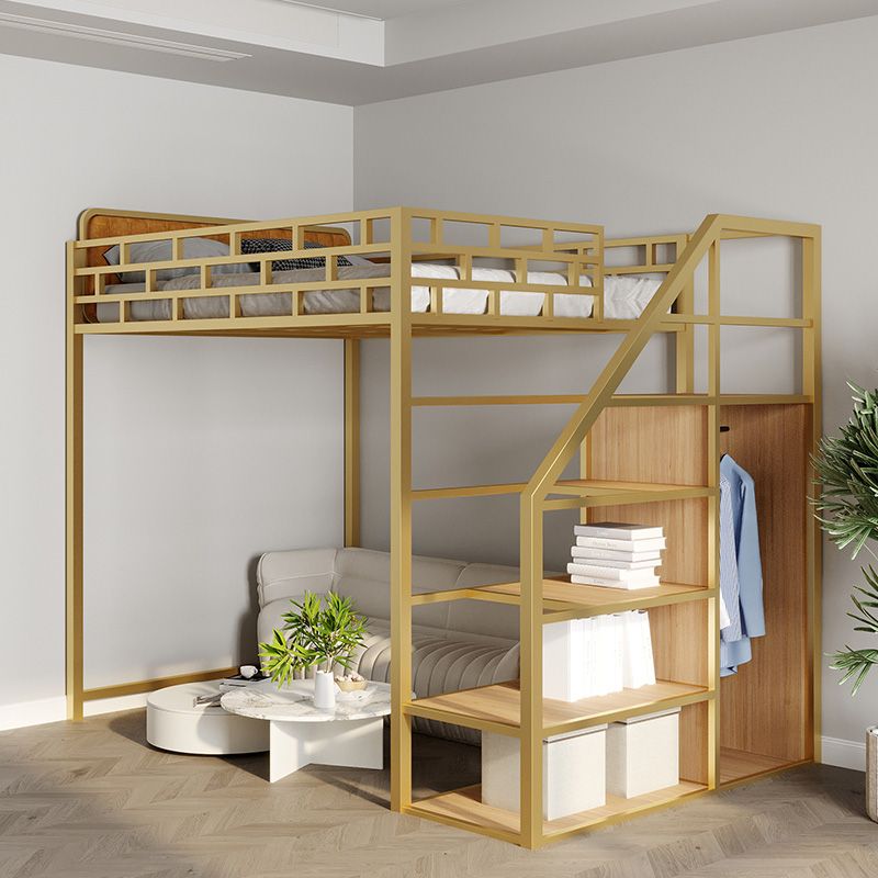 Glam Style Loft Bed in Iron with Shelves and Guardrail Storage Bed