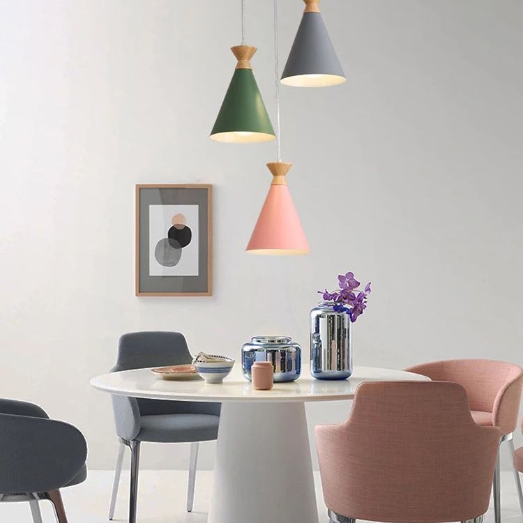 Nordic Minimalism Macaroon Hanging Light with Metal Conical Shade Single Bulb Wooden Mini Bedside Lamp