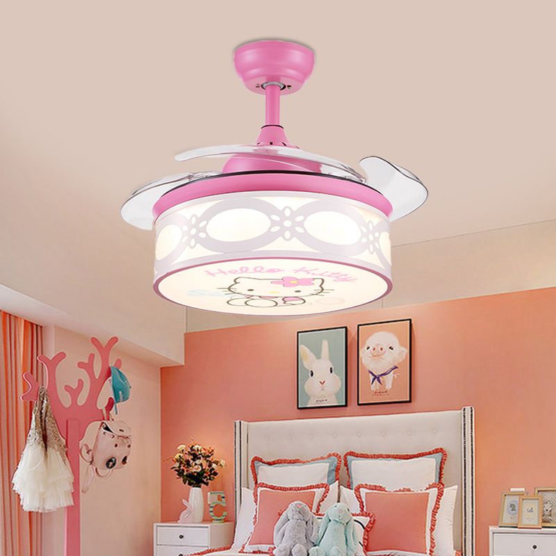 4 Blades Drum Semi Flush Mount Lamp Kids Metal Bedroom 36" W LED Hanging Pendant Fan Light in White/Pink with Cartoon Cat Pattern, Remote/Wall and Remote Control