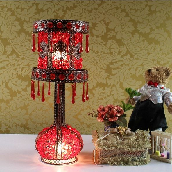 Red Cylinder Night Table Light Bohemian Metal 2 Bulbs Living Room Nightstand Lighting with Acrylic Decoration