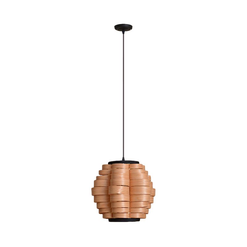 16"/19.5"/23.5" Wide Wood Barrel Shade Hanging Light Chinese Single Light Veneer Pendant Lamp for Dining Room