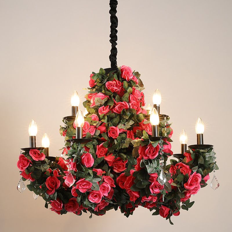 12-Bulb Hanging Chandelier Retro Candle Iron Flower Ceiling Pendant in Red with Clear Crystal Accent