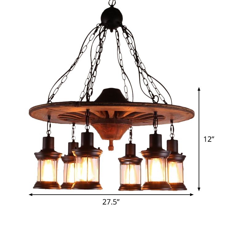 Wheel Restaurant Hanging Chandelier Antique Wooden 6 Heads Black Ceiling Light with Lantern Clear Glass Shade