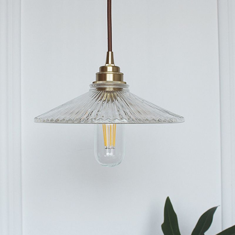 Clear 1 Light Pendant Lighting Fixture Vintage Ribbed Glass Wide Flare Hanging Ceiling Light