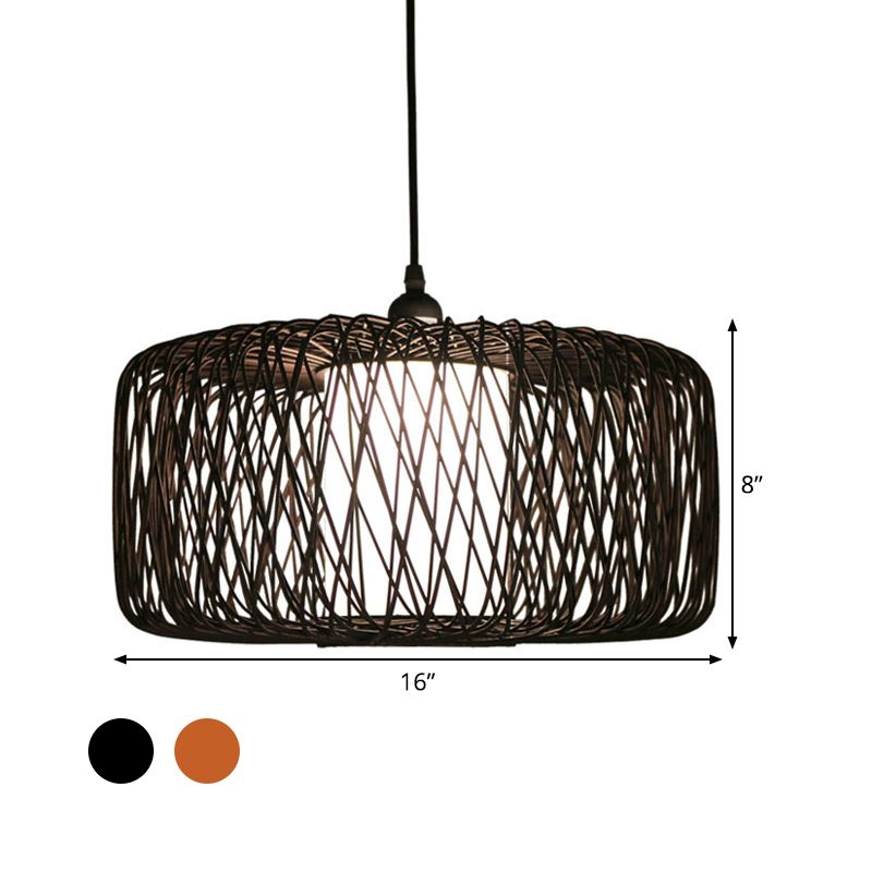 Tambour bambou suspendu lampe asiatique 1 ampoule beige / éclairage pendentif noir pour salle à manger