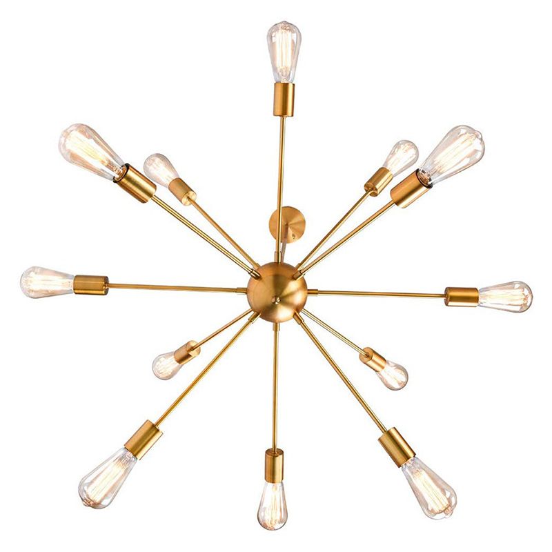 Golden Metal Burst Shaped Chandelier Light Open Bulb Industrial Style Coffee Shop Pendant with 4 x 9.8" Hanging Rods