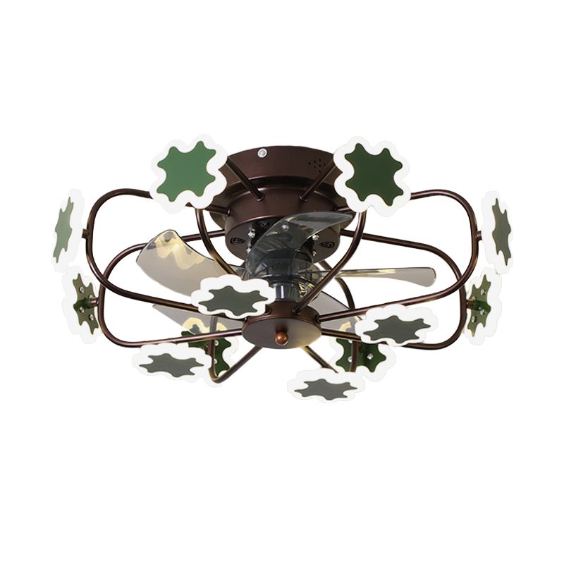 Flower Cage LED Semi Flush Ceiling Fan Macaron Iron 5-Blade 23.5" W Bedroom Semi Flush Mount Light with Cross Decor in Grey/White/Coffee