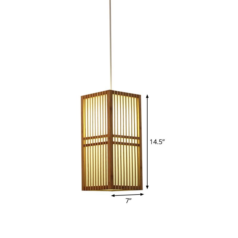 Rectangle Wood Hanging Light Asia 1 Bulb Beige Suspended Lighting Fixture with Adjustable Cord