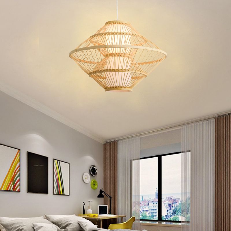 16"/19.5" W Weaving Pendant Lamp Asian Style Bamboo 1 Light Beige Hanging Light Fixture for Living Room