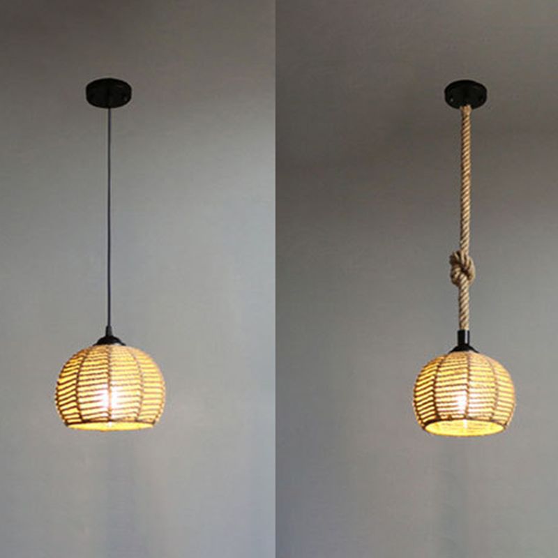 Spherical Shade Rattan Hanging Light 1-Light Asian Style Pendulum Light in Beige