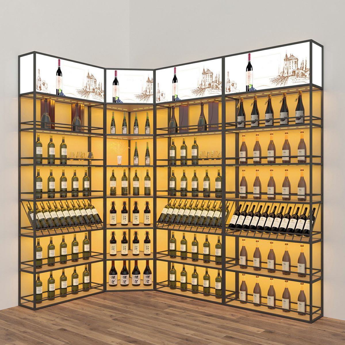 Wooden Industrial Wine Bottle Holder Manufactured Wood Bottle Holder Floor in Matte Black
