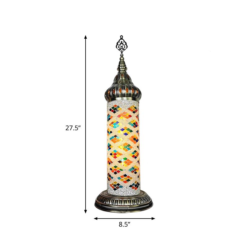 Cylinder Bedroom Table Lamp Traditional Stained Glass Yellow/Blue/Green LED Night Light