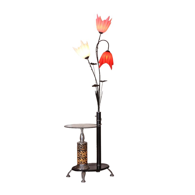 Countryside Tree Shaped Floor Light Metallic 3-Light Standing Lamp in Black with Floral Crystal Shade