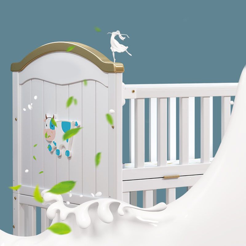 Contemporary White Baby Crib with Guardrail and Casters and Storage