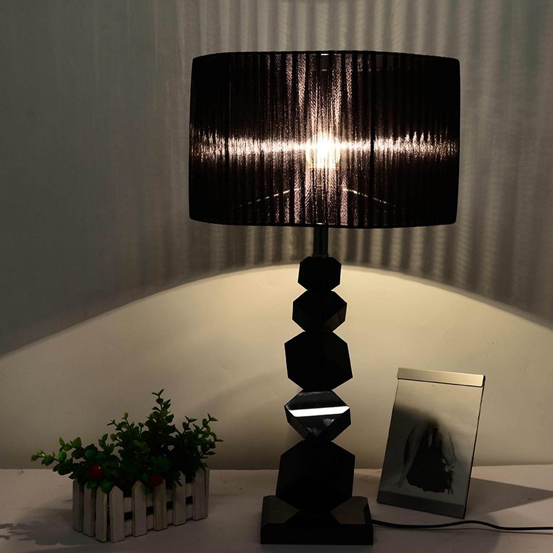 Black Drum Nightstand Lamp Modern 12"/13" W Single Pleated Fabric Table Light with Rock Pedestal