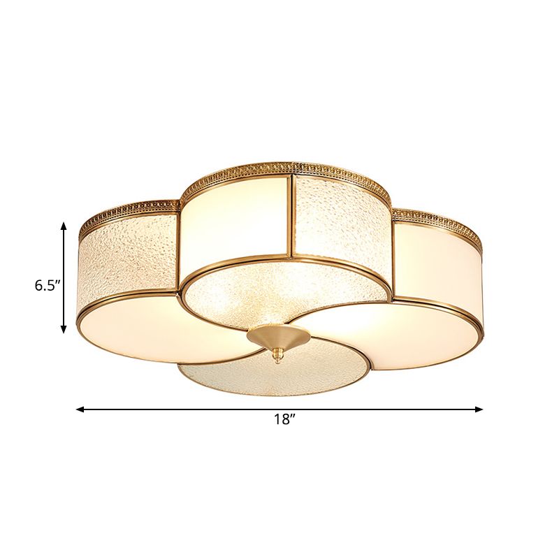 Brass 4 Lights Flush Mount Fixture Colonialism Curved Frosted Glass Clover Ceiling Mounted Light for Living Room