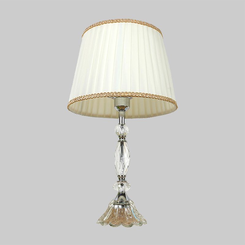 1-Bulb Bedroom Crystal Table Light Modern White Nightstand Lamp with Tapered Fabric Shade