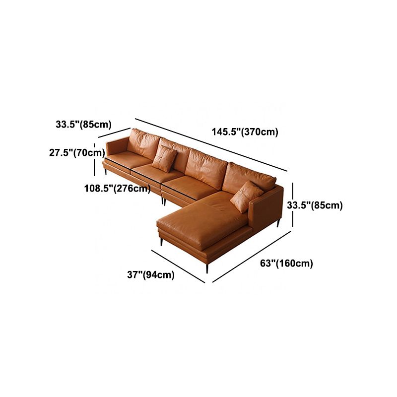 Ornate Leather Upholstery Orange Sofa with Pillow and Square Armrest Back Sectional