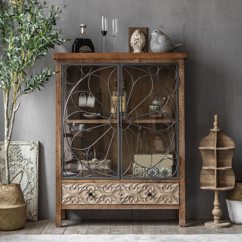 Traditional Display Stand Wood Glass Doors Storage Cabinet with Doors for Living Room