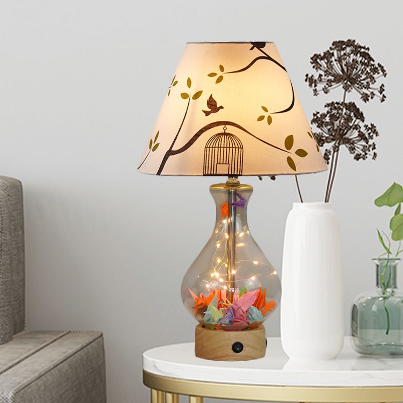 Clear Glass Urn/Diamond Night Lamp Contemporary 1-Bulb Bedroom Table Light with Cone Printing Fabric Shade