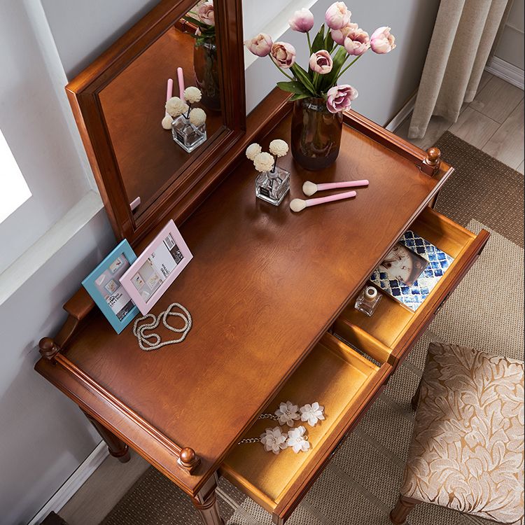 Traditional 2-Drawer Brown Solid Wood Dressing Table with Mirror Makeup Vanity Stool