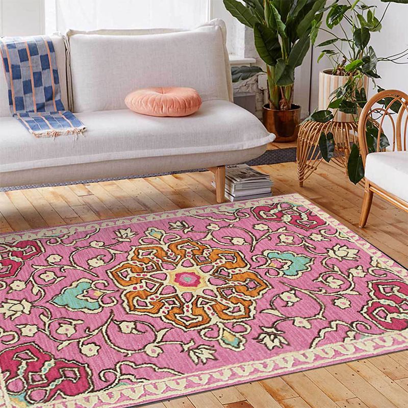 Moroccan Living Room Rug in Pink Medallion Flower Print Rug Polyester Machine Washable Non-Slip Area Rug