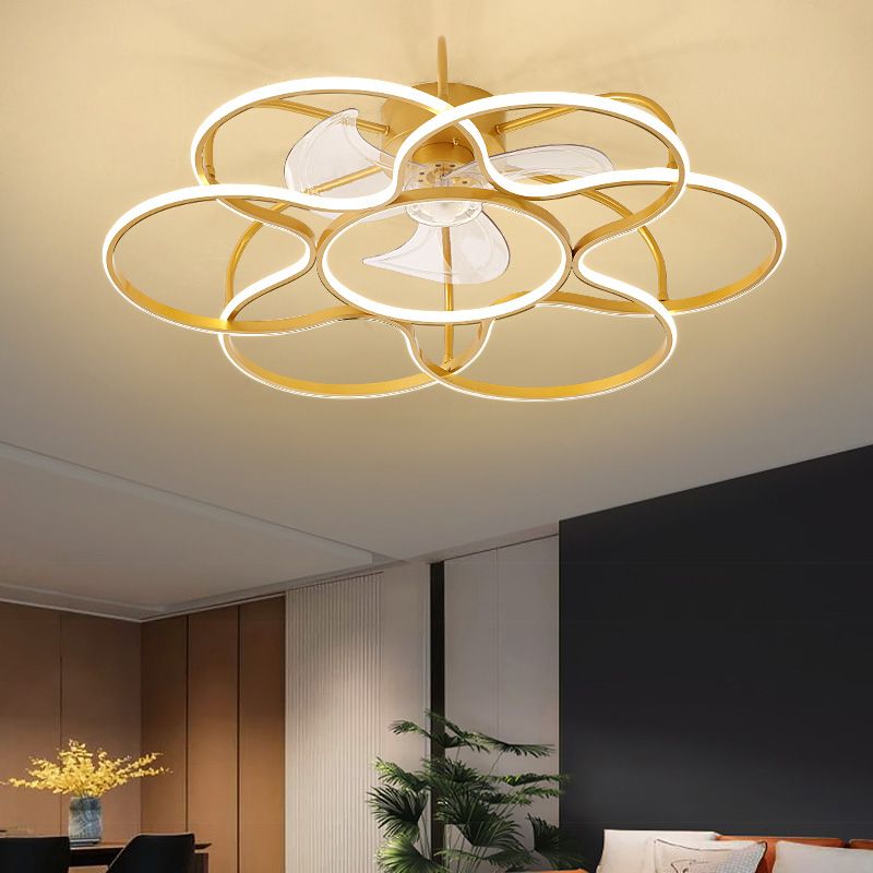 3 Blades Flower Ceiling Fan Lamp Modern Metal Remote Control LED Semi Flush Light for Dining Room