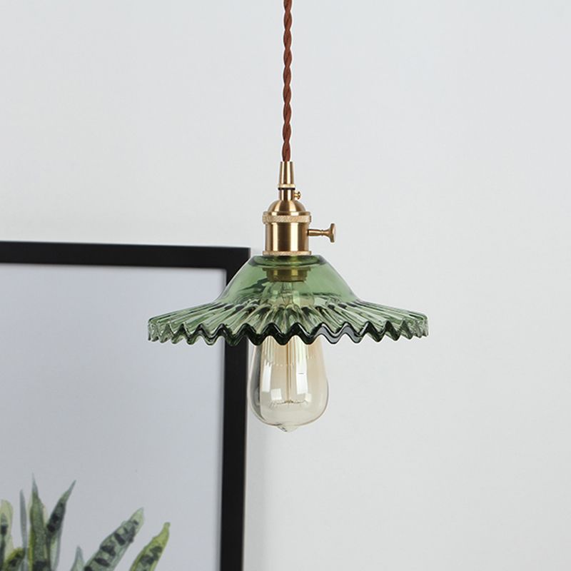 8.66'' Width Brass Pendant Light Industrial Scalloped Glass Shade Mini Hanging Lamp for Coffee Shop