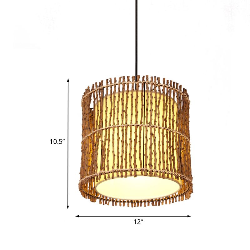 Handgewebter Rattan Zylinder Drop Anhänger Chinesisch 1 leichte beige hängende Deckenleuchte für Restaurantschlafzimmer