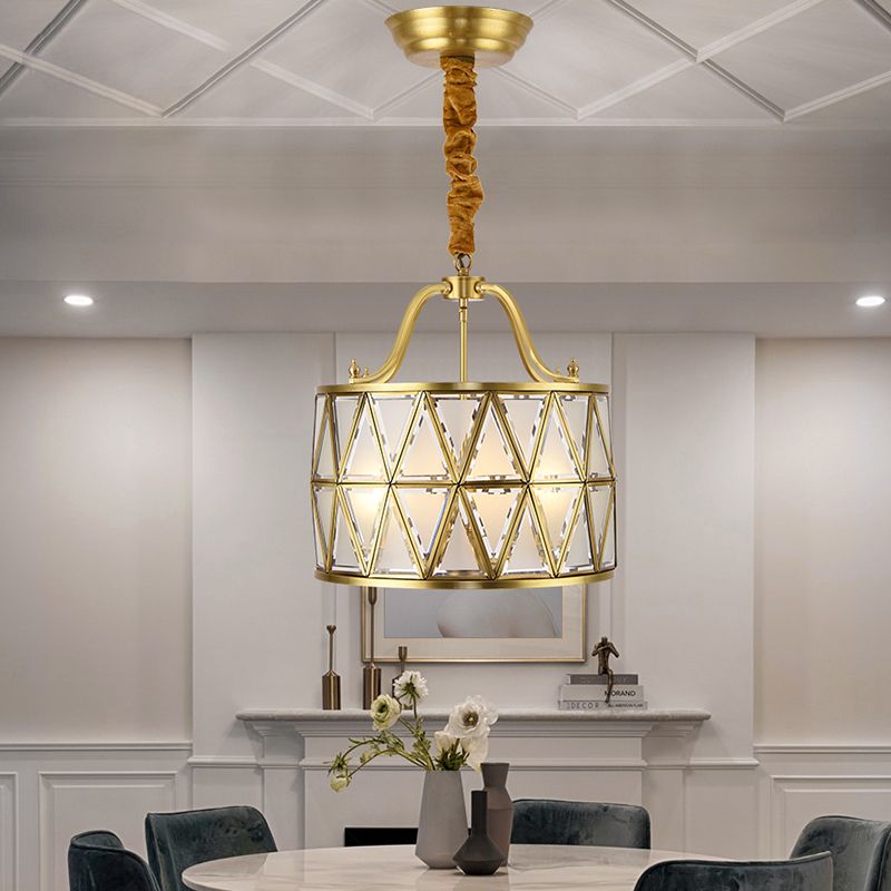 Drum Frosted Glass Chandelier Pendant Lamp Traditional 4/6 Lights 16"/19" Wide Dining Room Hanging Ceiling Light in Gold