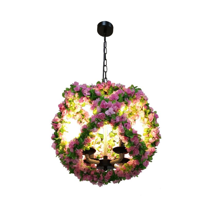 Industrial Global Chandelier Light Fixture 3 Lights Metal LED Flower Pendant Lamp in Pink for Restaurant