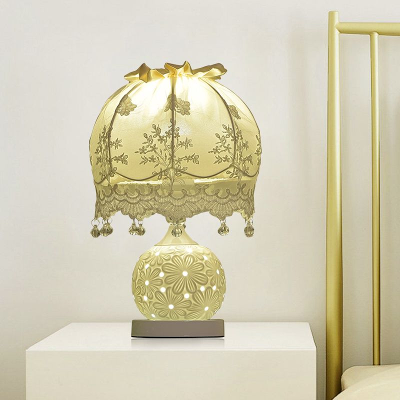 Pastoral Dome Fabric Night Light 1 Head Table Lighting in White with Lace Trim and Ceramic Base