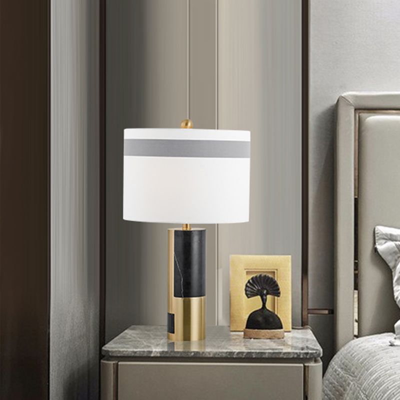 1 Head Bedside Table Light Modern White Nightstand Lamp with Cylinder Fabric Shade