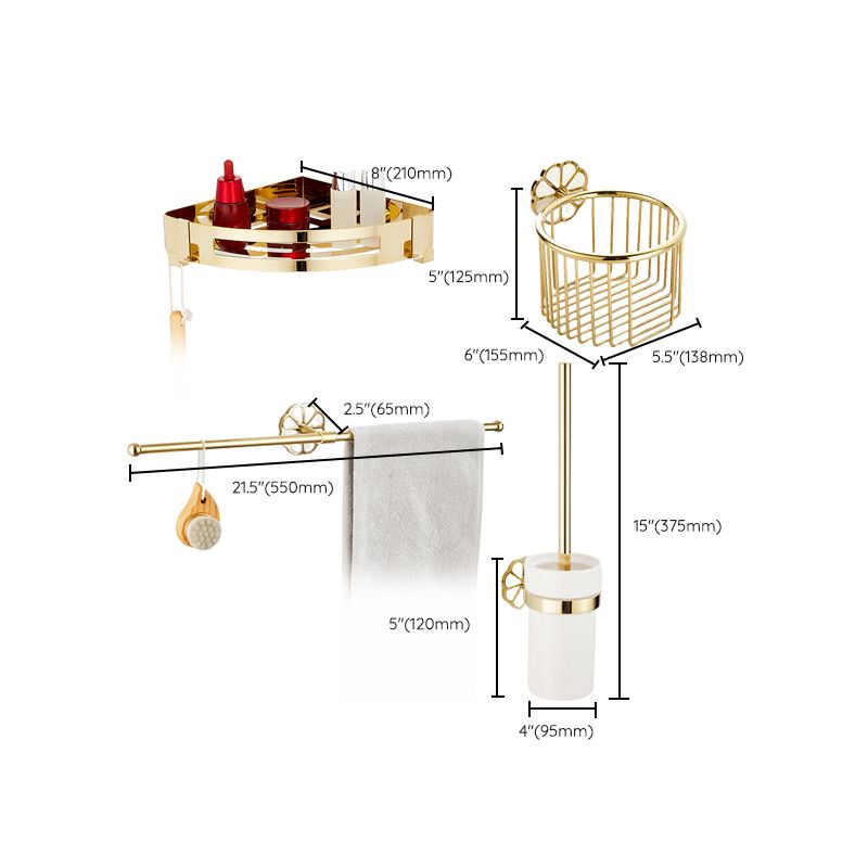 Gold Modern Bathroom Accessory Set, Bath Shelf, Towel Bar, Paper Holder, Robe Hooks