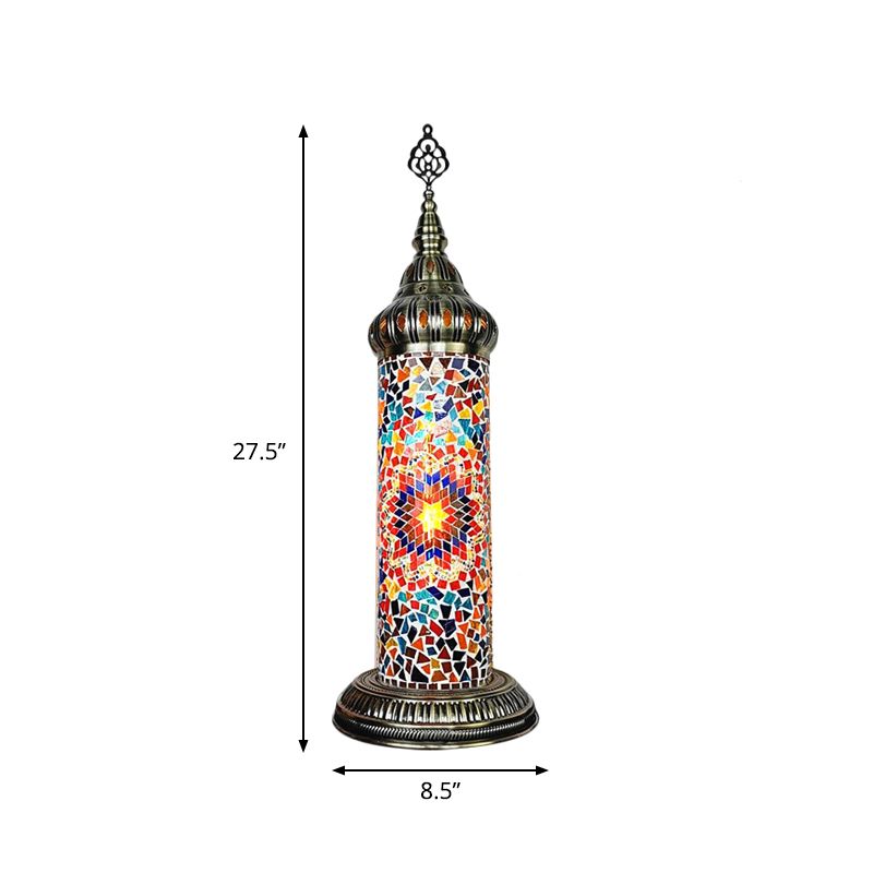 Cylinder Bedroom Table Lamp Traditional Stained Glass Yellow/Blue/Green LED Night Light