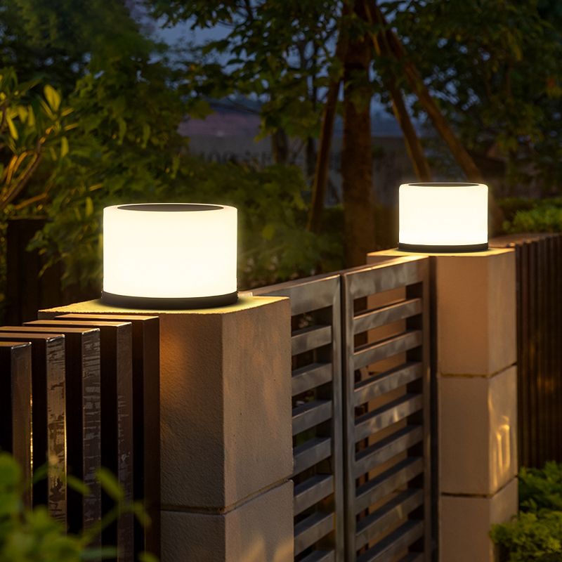 Metal Round Shape Outdoor Lights Modern Style 1 Light Solar Pillar Lamp in Black