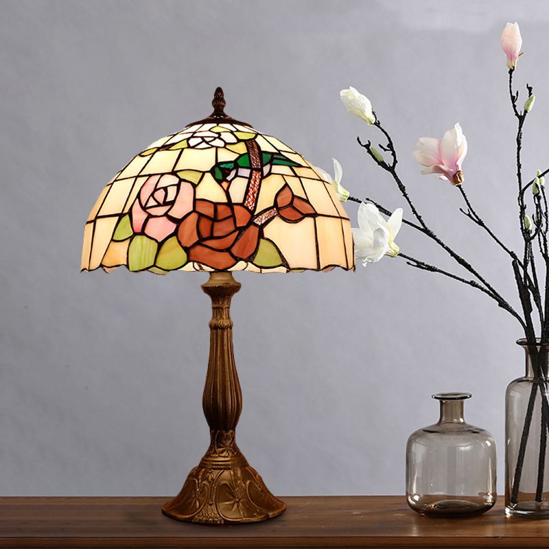 Bronze Domed Nightstand Lighting Victorian 1 Light Hand Cut Glass Night Light with Rose Pattern