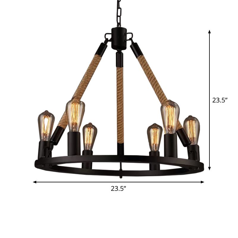 Black Wagon Wheel Chandelier Pendant Industrial Hemp Rope 6/8 Lights Living Room Ceiling Hang Lamp