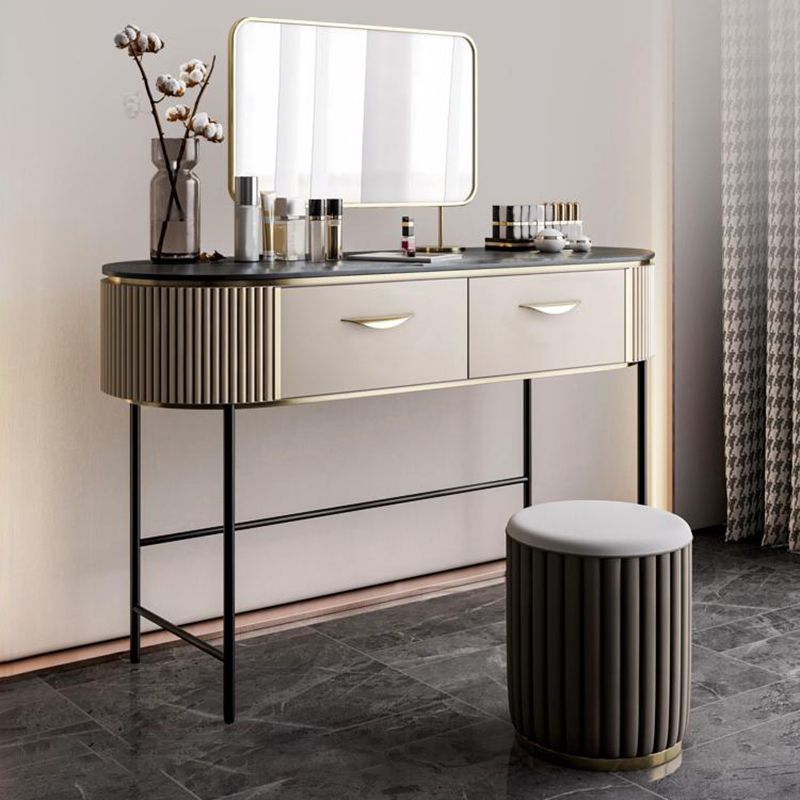 Contemporary Vanity Set, 2 Storage Drawers With Mirror & Padded Stool