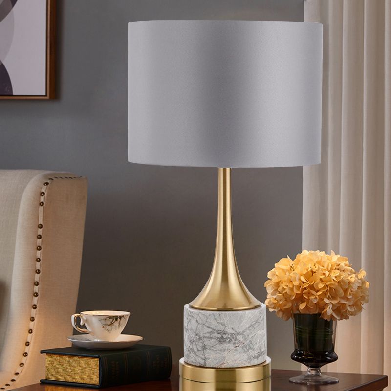 Grey Drum Night Light Minimalist 1 Head Metal Table Lamp with Fabric Shade for Living Room